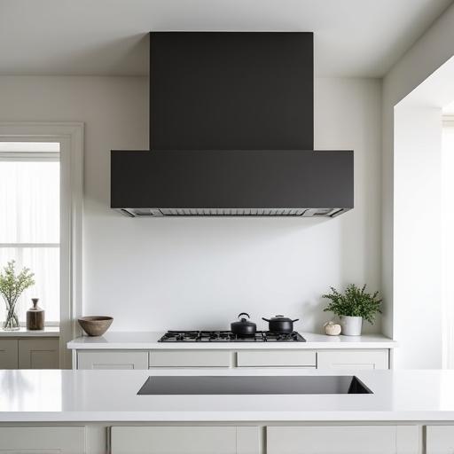 En modern köksinteriör med en centralt placerad, mörk metallfläkt.